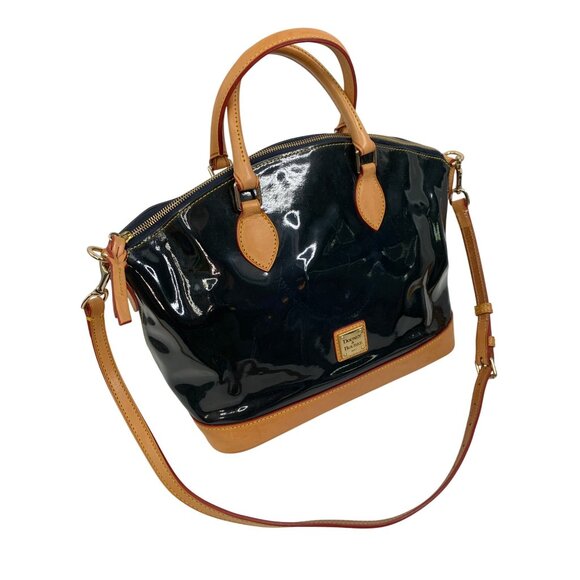 Dooney & Bourke Large Black Patent Leather Satchel Bag Tan Trim & Strap T10653 - Picture 1 of 8